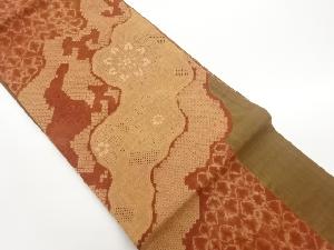 手織り紬絞り汕頭相良刺繍道長取に華文・唐草模様名古屋帯